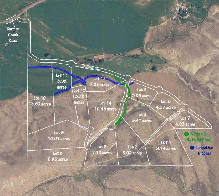 Aerial Photo with links to listing data for Black Hawk Subdivision.